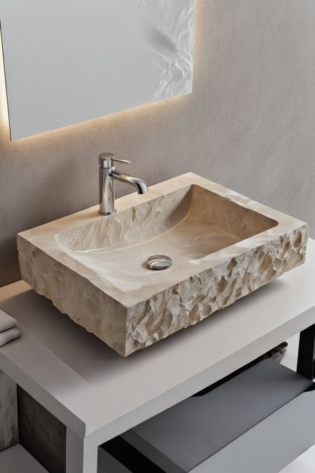 حوض مغسلة حجري مستطيل – تصميم فاخر بخامة طبيعية